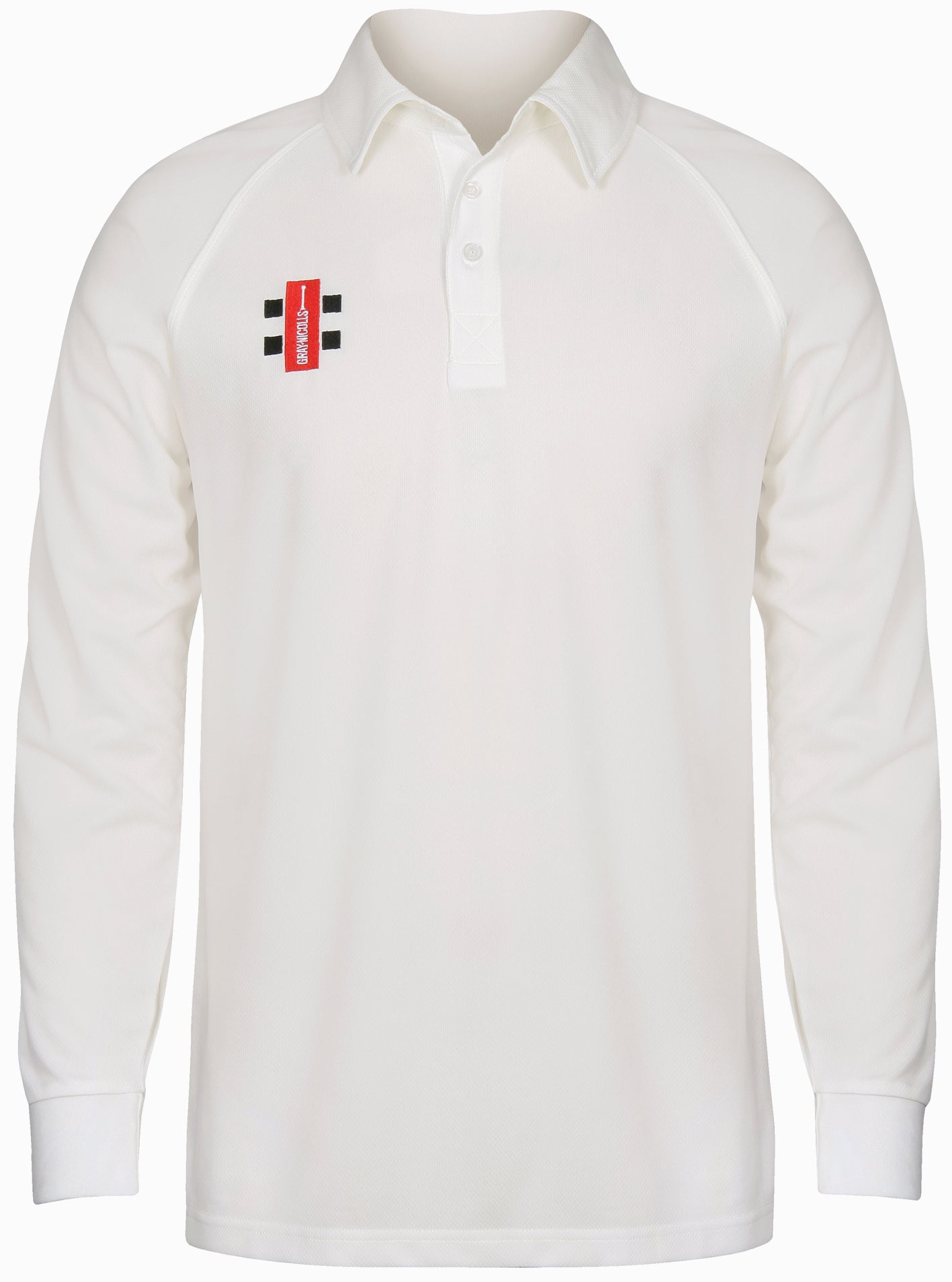 The Martin Berrill Sports Upton St Leonards CC Matrix V2 Long Sleeve Match Shirt is a white, collared cricket top with three buttons, moisture-wicking fabric, and a small red, black, and white logo on the left chest.