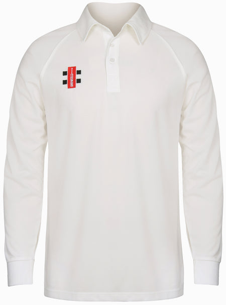 The Martin Berrill Sports Upton St Leonards CC Matrix V2 Long Sleeve Match Shirt is a white, collared cricket top with three buttons, moisture-wicking fabric, and a small red, black, and white logo on the left chest.