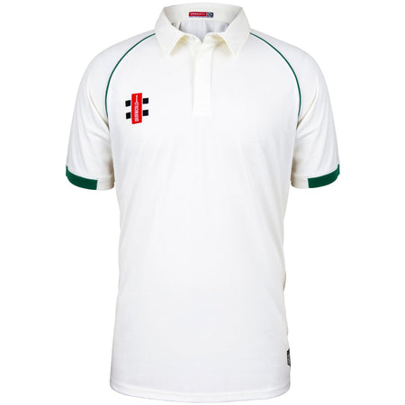 The Gray Nicolls Rockhampton CC Matrix V2 Playing Shirt - Junior is a white, short-sleeved collared shirt with green trim on the sleeves and shoulders, featuring a small red and black Rockhampton CC logo on the left chest.
