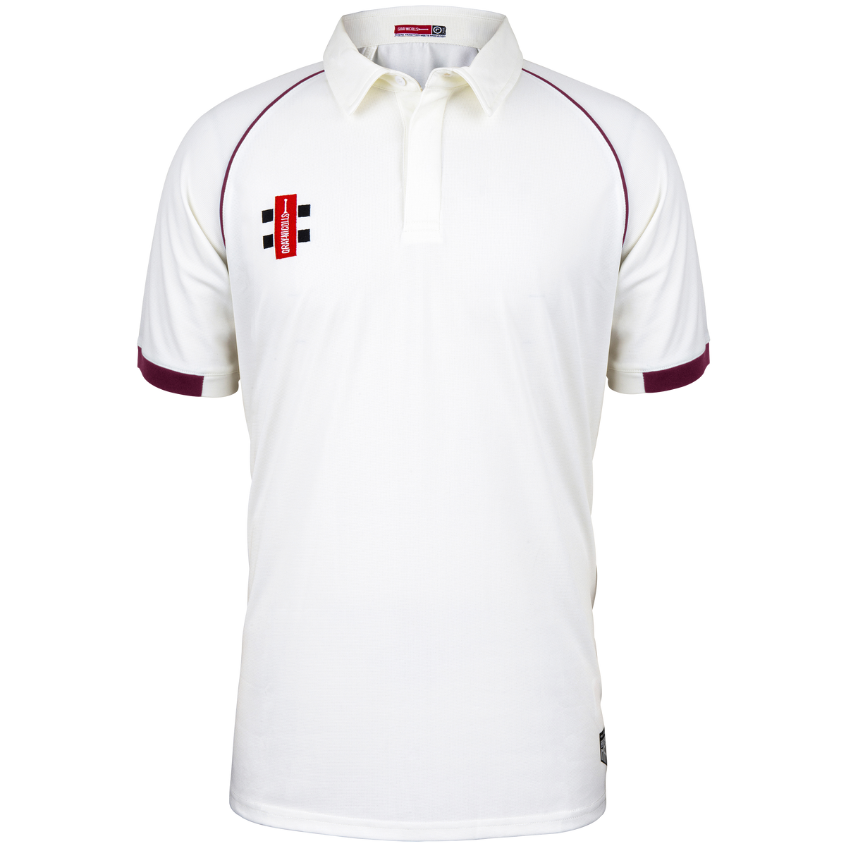 The Gray Nicolls Matrix V2 S/S Cricket Shirt features a regular fit, short sleeves with maroon trim on white fabric, a collared design, and a red, black, and white logo on the left chest. Enhanced moisture control ensures comfort.