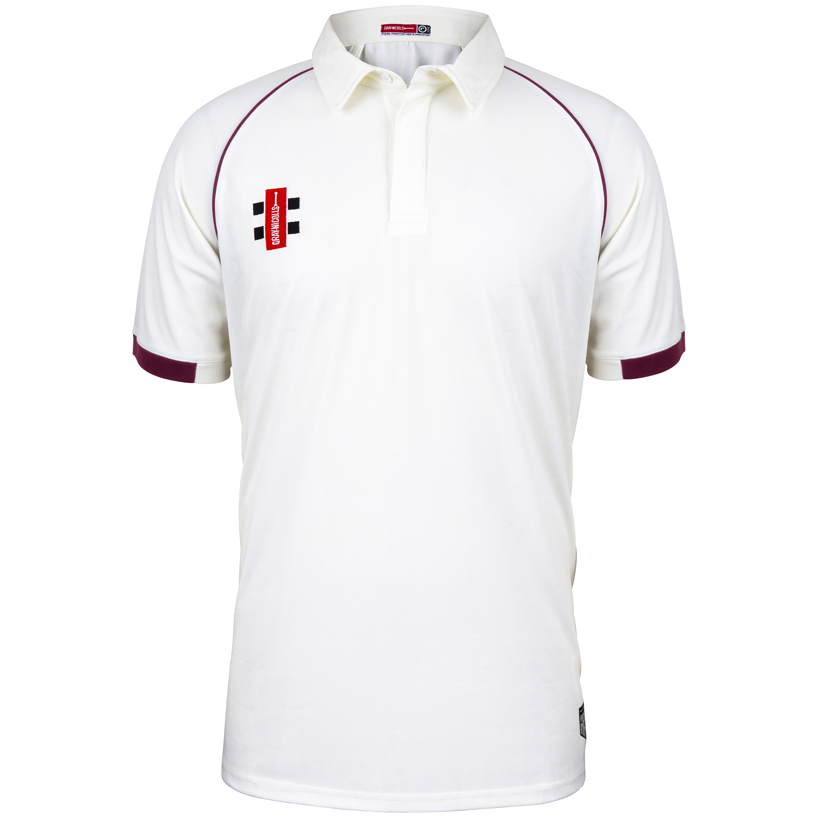 The Gray Nicolls Matrix V2 S/S Cricket Shirt features a regular fit, short sleeves with maroon trim on white fabric, a collared design, and a red, black, and white logo on the left chest. Enhanced moisture control ensures comfort.
