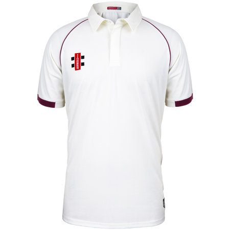 The Gray Nicolls Matrix V2 S/S Cricket Shirt features a regular fit, short sleeves with maroon trim on white fabric, a collared design, and a red, black, and white logo on the left chest. Enhanced moisture control ensures comfort.