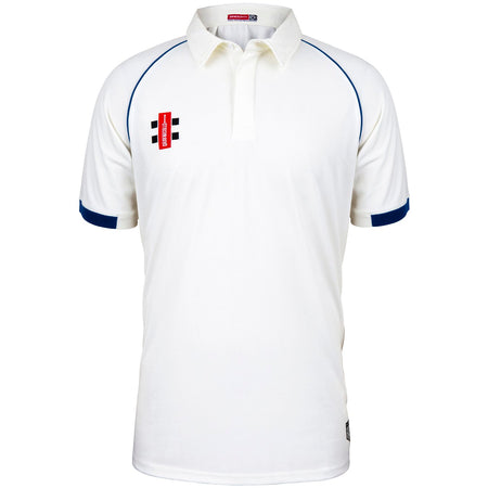 The Gray Nicolls Matrix V2 S/S Cricket Shirt is a white regular fit shirt with short sleeves, collar, dark blue accents on sleeve edges and shoulders, a red and black logo on the left chest, and moisture control for all-day comfort.
