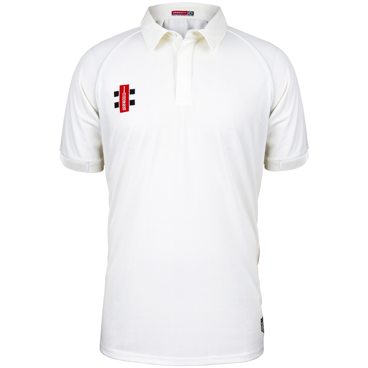 The Gray Nicolls Matrix V2 S/S Cricket Shirt is a regular fit white polo with moisture control, collar, buttoned placket, and a red and black rectangular Gray Nicolls logo on the left chest. Displayed against a white background.