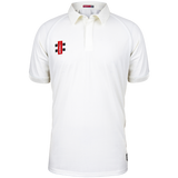 The Gray Nicolls Matrix V2 S/S Cricket Shirt is a regular fit white polo with moisture control, collar, buttoned placket, and a red and black rectangular Gray Nicolls logo on the left chest. Displayed against a white background.