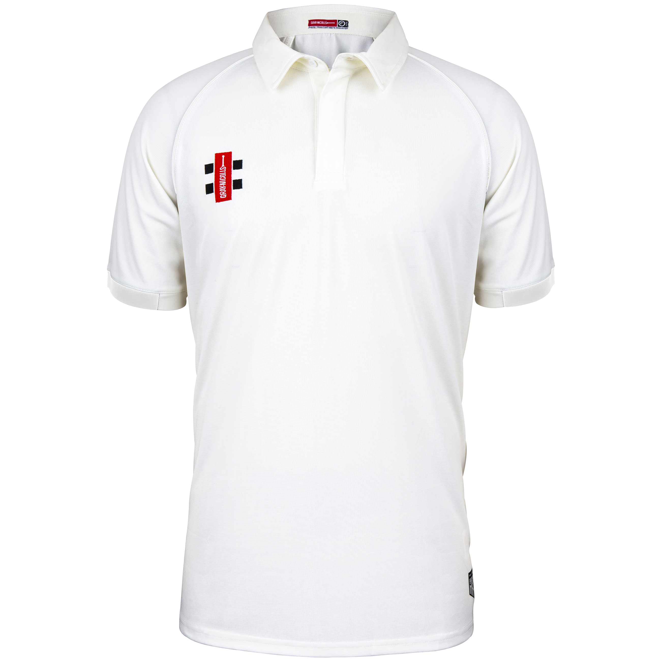 The Gray Nicolls Matrix V2 S/S Cricket Shirt is a regular fit white polo with moisture control, collar, buttoned placket, and a red and black rectangular Gray Nicolls logo on the left chest. Displayed against a white background.