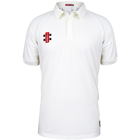The Gray Nicolls Matrix V2 S/S Cricket Shirt is a regular fit white polo with moisture control, collar, buttoned placket, and a red and black rectangular Gray Nicolls logo on the left chest. Displayed against a white background.