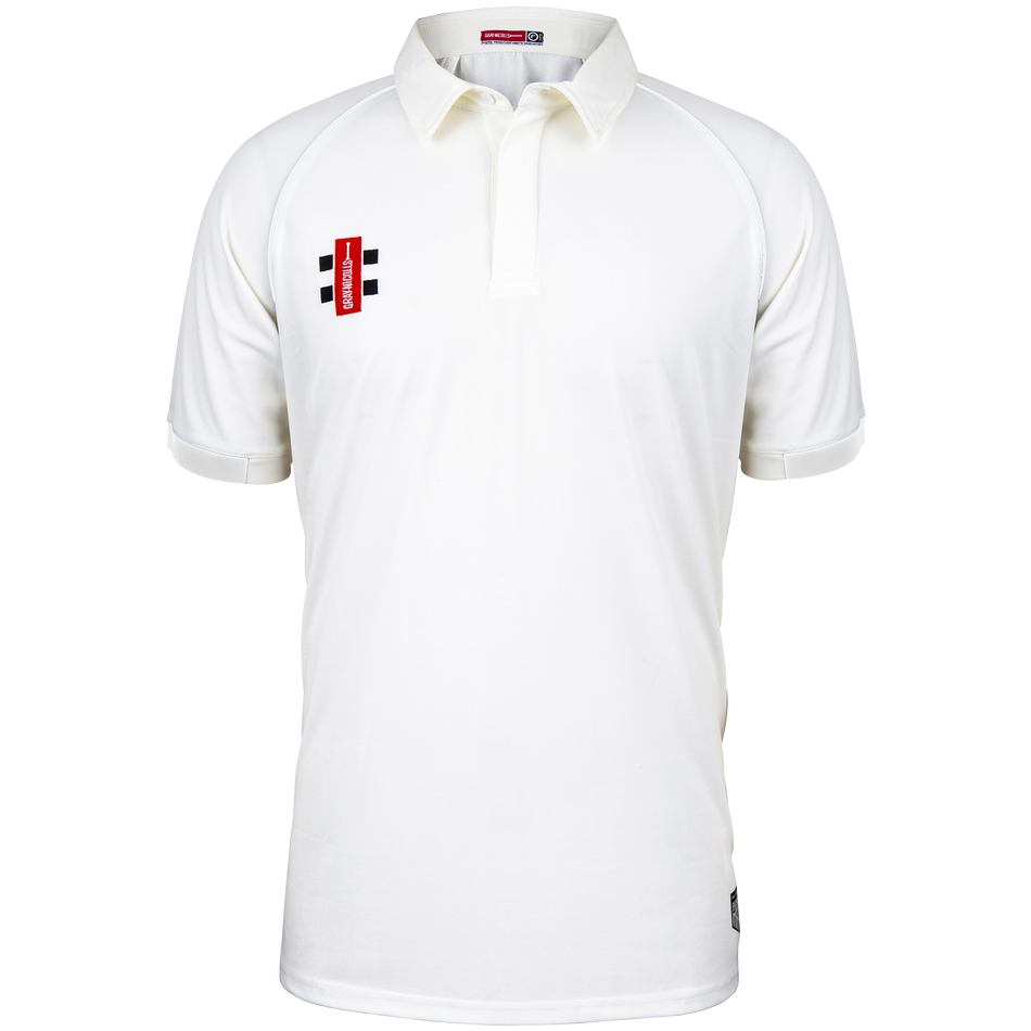 The Gray Nicolls Woolhope CC Matrix V2 Short Sleeve Match Shirt is a white, collared cricket polo with a red and black logo on the left chest, buttoned placket, and breathable, plain design for comfort on the field.