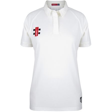 The Gray Nicolls Ladies Matrix V2 Match Shirt is a white, short-sleeved polo with a collar, featuring a small red and black logo on the left chest and tag near the hem. This breathable shirt has a buttonless placket for comfort.