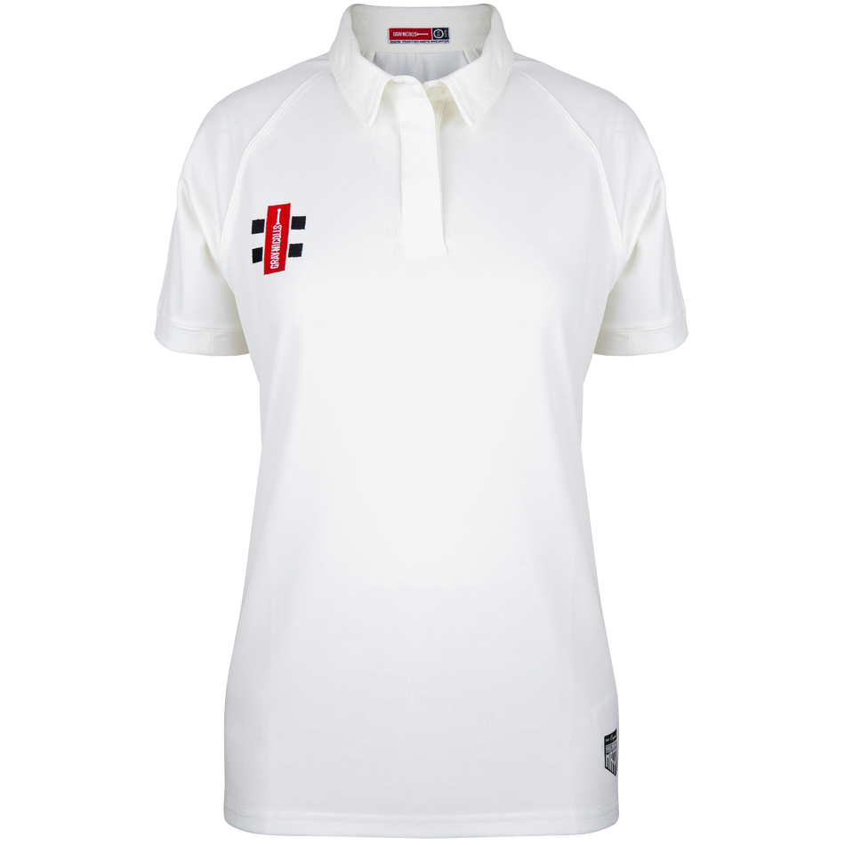The Gray Nicolls Ladies Matrix V2 Match Shirt is a white, short-sleeved polo with a collar, featuring a small red and black logo on the left chest and tag near the hem. This breathable shirt has a buttonless placket for comfort.