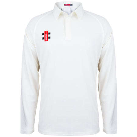 The Gray Nicolls Matrix V2 Long Sleeve Cricket Shirt is a white, collared jersey with a small red, black, and white logo on the left chest. This breathable shirt features a buttoned placket and no other visible design elements.
