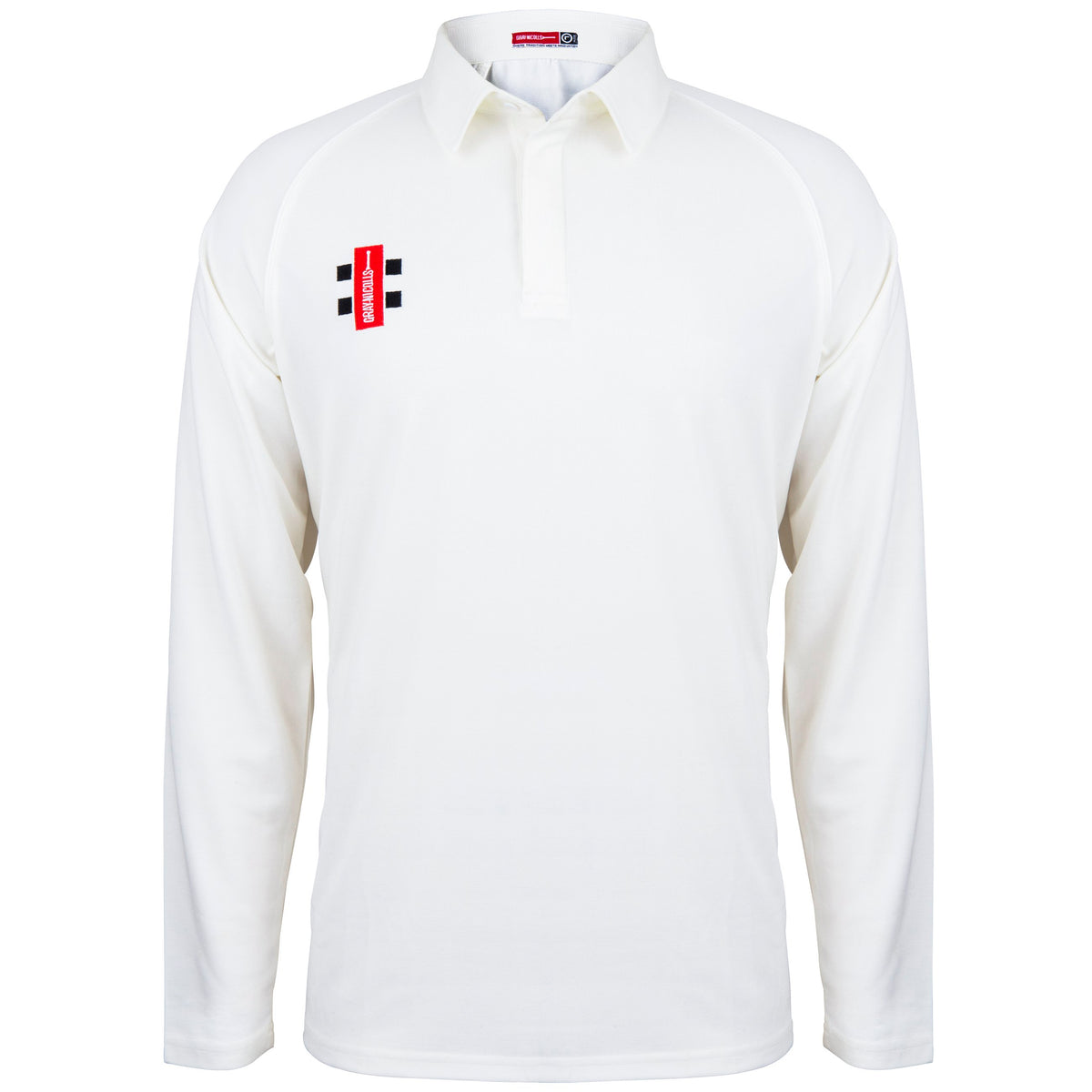 The Oldlands CC Matrix V2 Long Sleeve Match Shirt by Gray Nicolls is a white cricket shirt featuring a collar, concealed buttons, and the red-and-black rectangular Gray Nicolls logo on the left chest. The shirt is plain with no other visible designs.