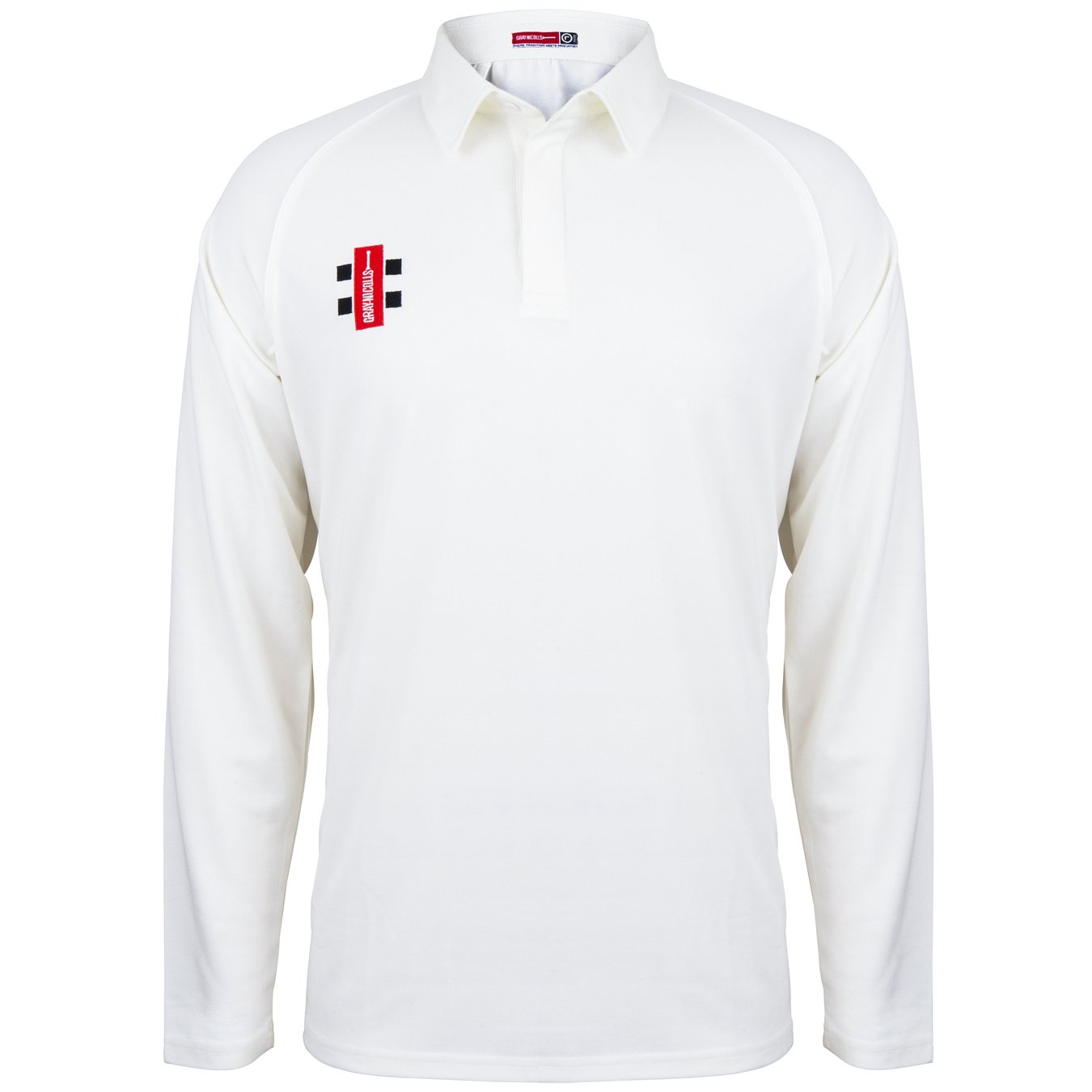 The Gray Nicolls Rockhampton CC Matrix V2 Senior long-sleeved cricket shirt is white with a collar and features a red, black, and white logo on the left chest. Its breathable fabric offers a simple, clean look without extra markings or patterns.