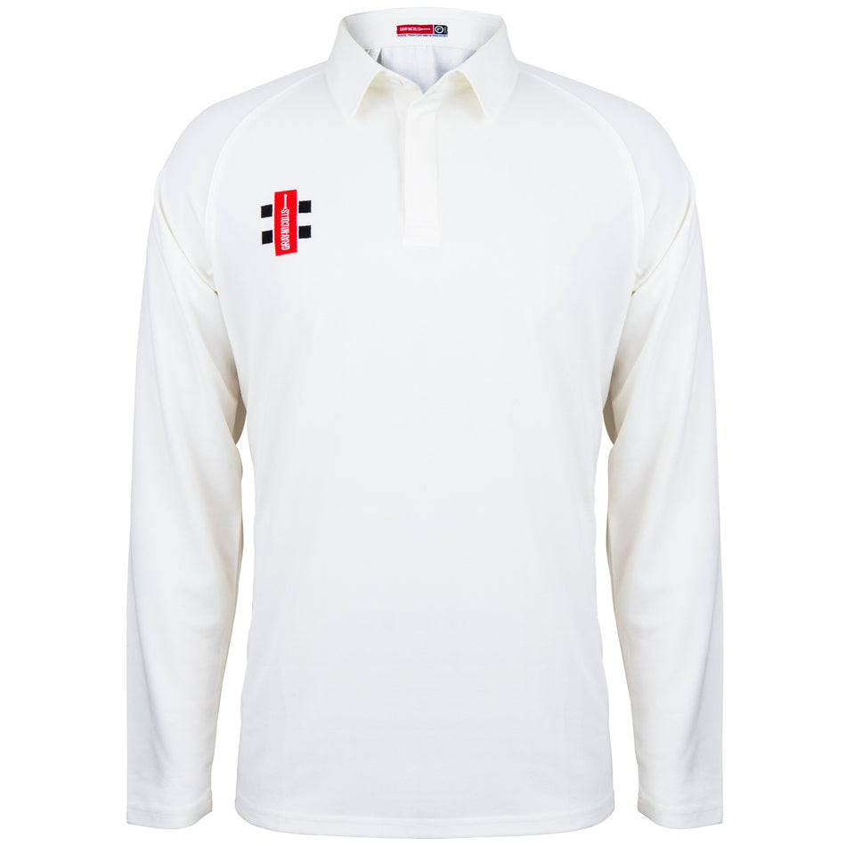 The Gray Nicolls Kempton CC Matrix V2 Long Sleeve Match Shirt is a white, collared cricket shirt with moisture-wicking fabric, a concealed placket for a sleek look, and a small red, black, and white logo on the left chest.