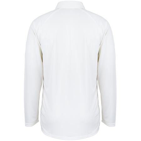 Back view of the Gray Nicolls Matrix V2 Long Sleeve Cricket Shirt in plain white with raglan sleeves, shown on a white background. This breathable Gray Nicolls shirt has no visible logos, patterns, or buttons.