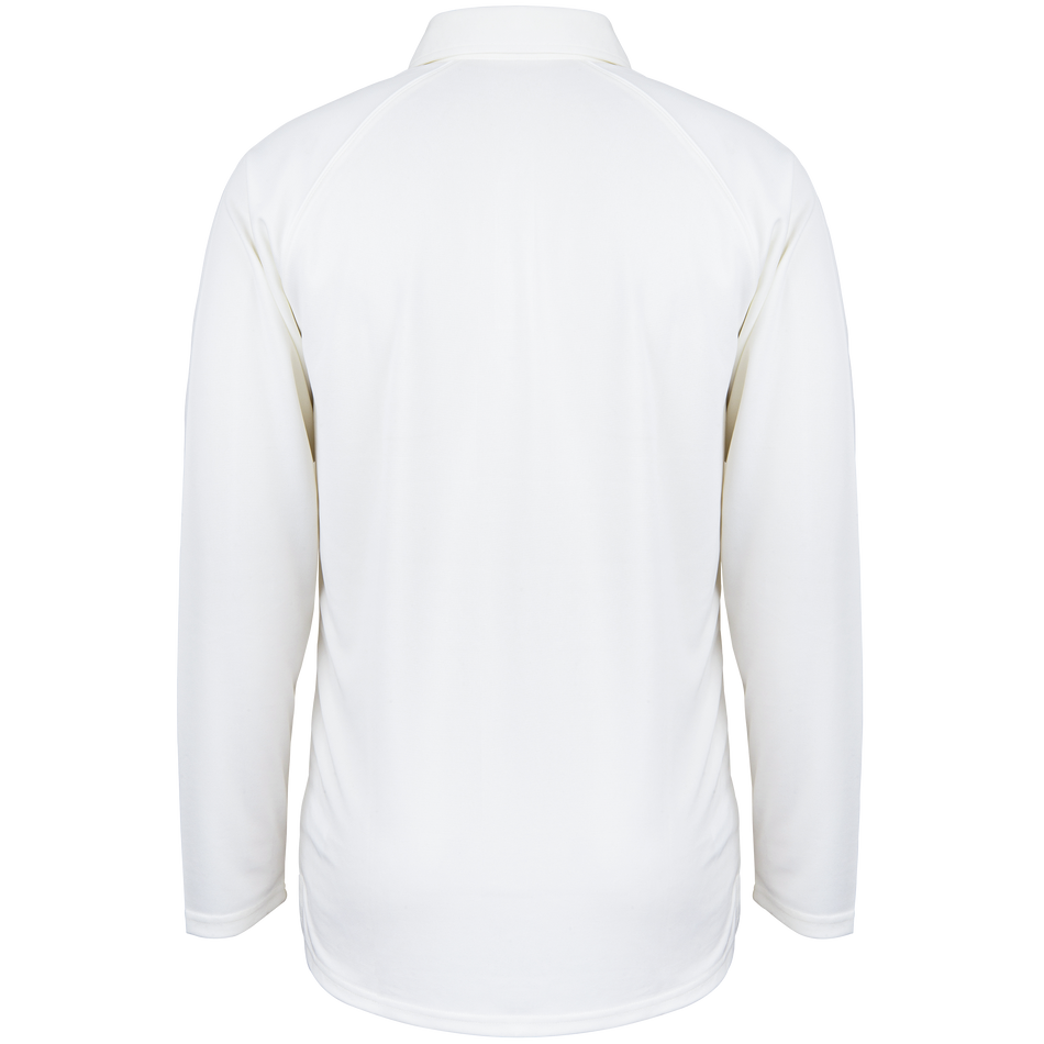 Back view of the Gray Nicolls Matrix V2 Long Sleeve Cricket Shirt in plain white with raglan sleeves, shown on a white background. This breathable Gray Nicolls shirt has no visible logos, patterns, or buttons.