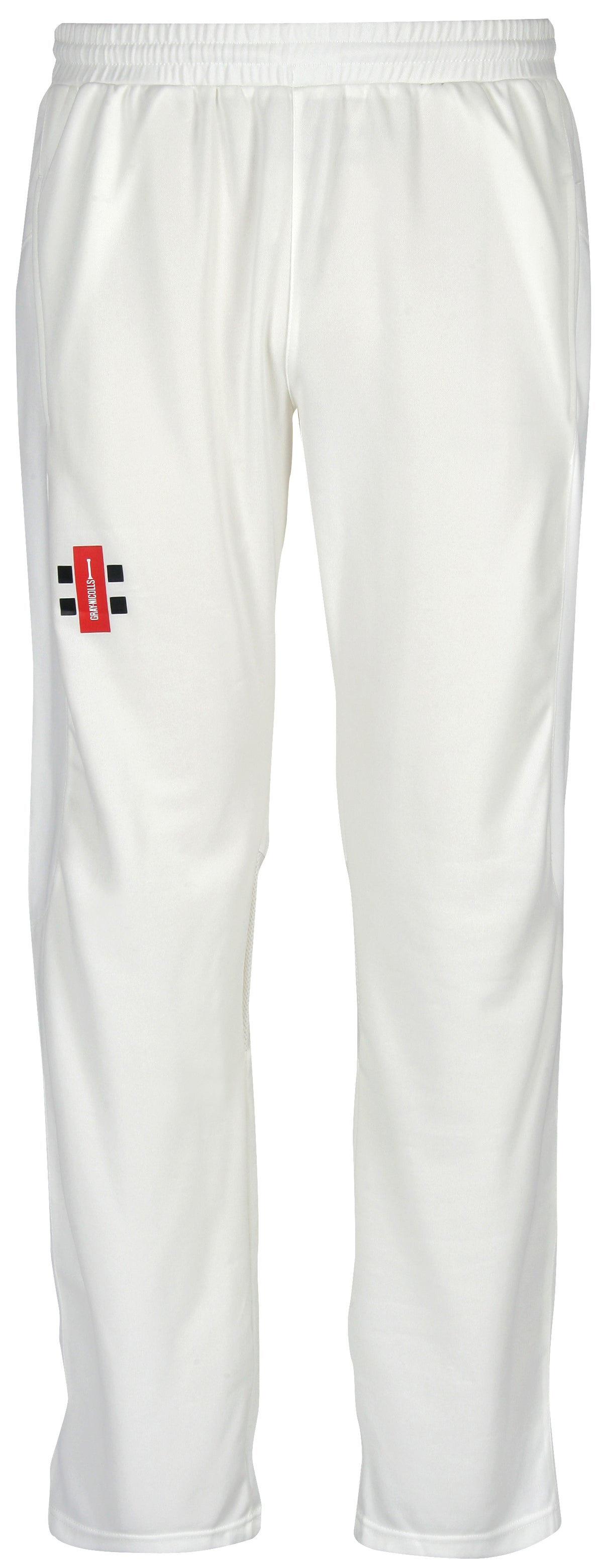 A pair of Gray Nicolls Velocity Cricket Trousers in white, showing a red and black logo on the left thigh, displayed against a plain white background.