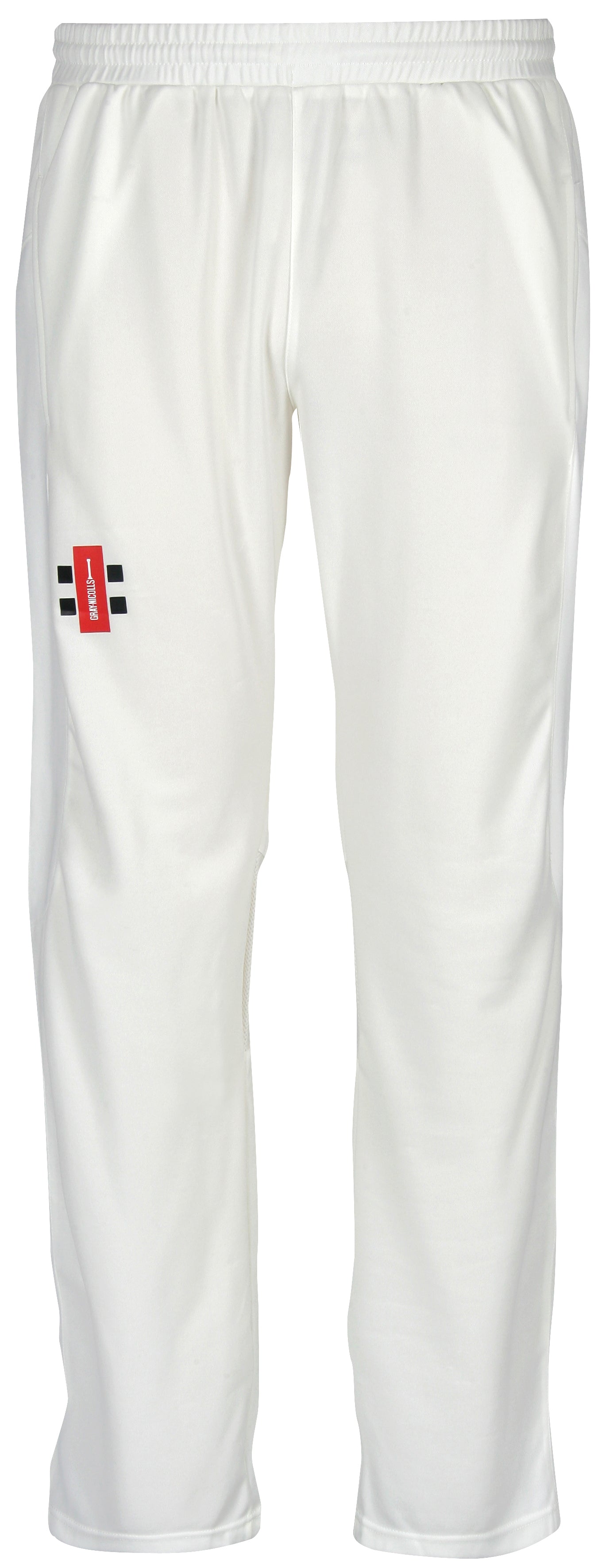A pair of Gray Nicolls Velocity Cricket Trousers in white, showing a red and black logo on the left thigh, displayed against a plain white background.