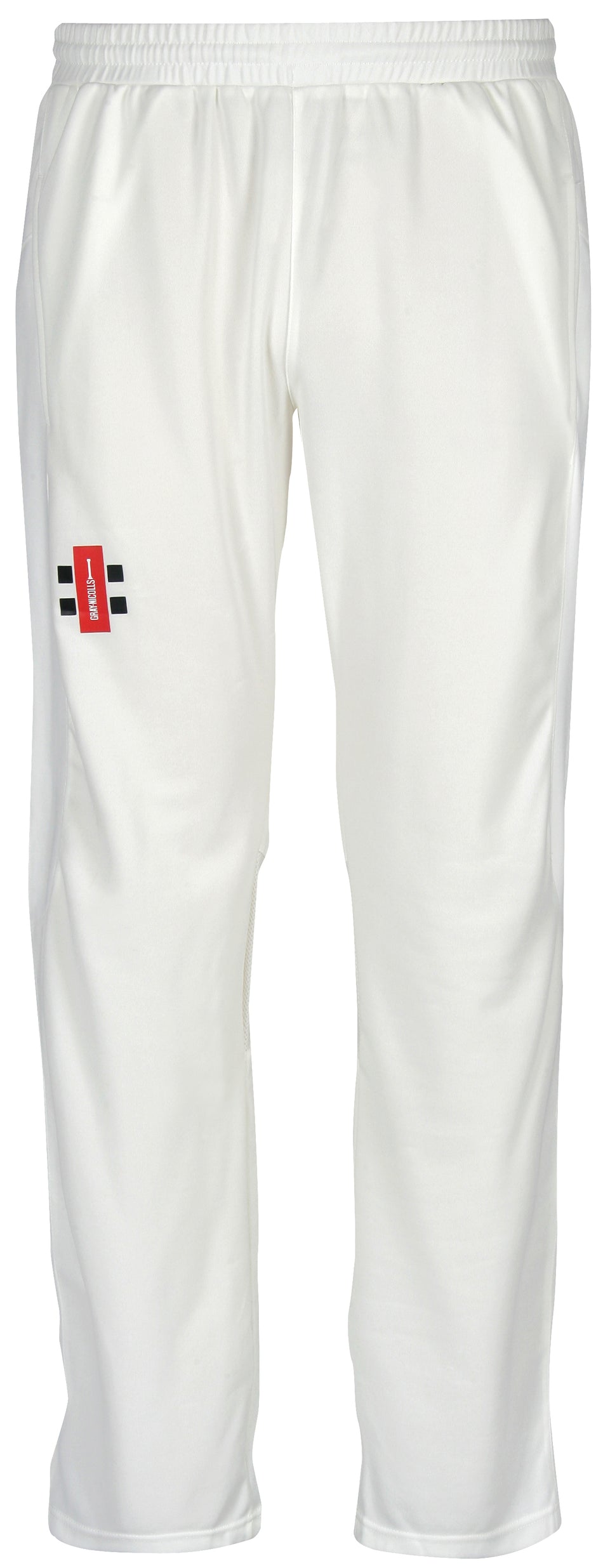 A pair of Gray Nicolls Velocity Cricket Trousers in white, showing a red and black logo on the left thigh, displayed against a plain white background.