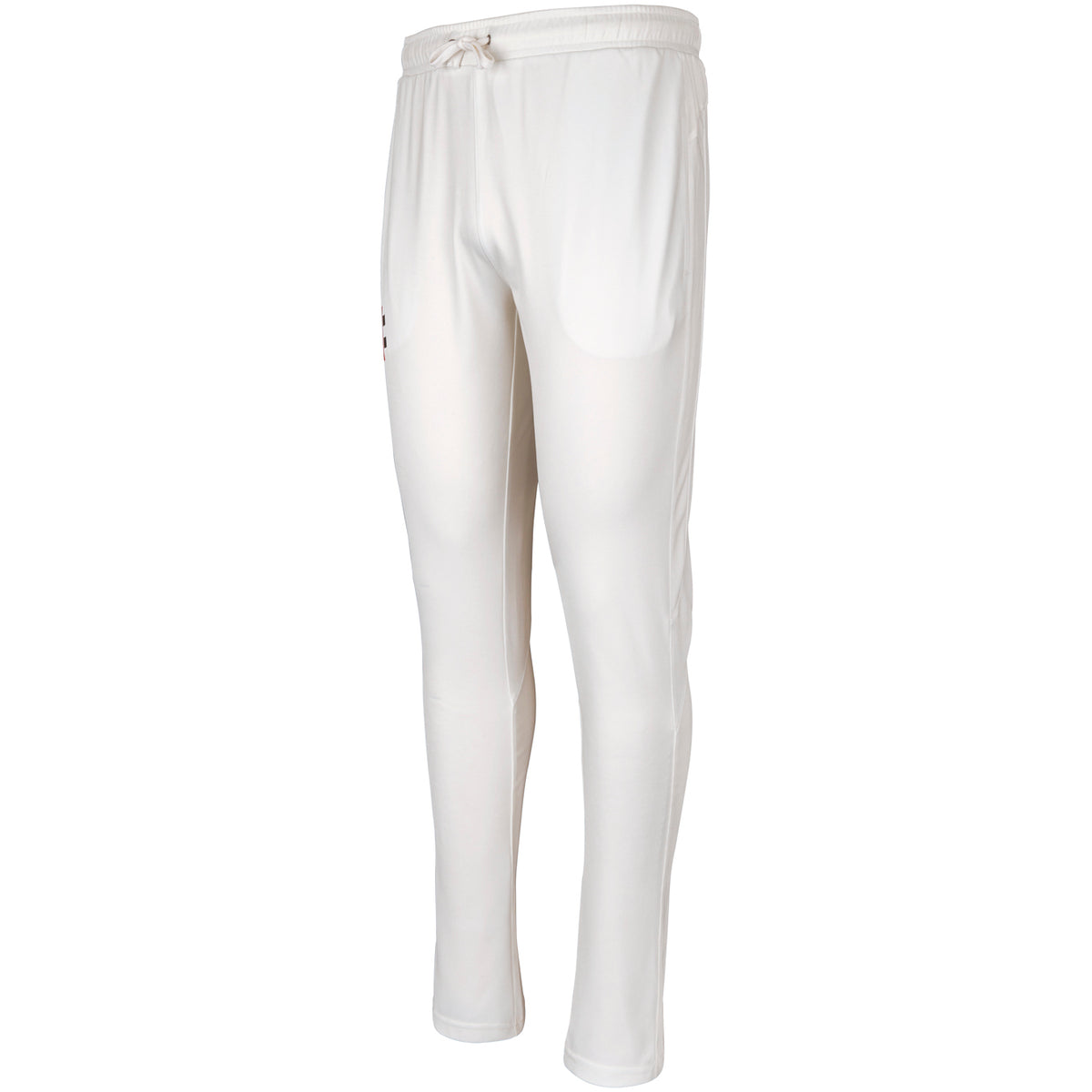 The Gray Nicolls Pro Performance Cricket Trousers feature a slim fit, elastic waistband with drawstring, minimal detailing, and advanced moisture management for comfort. Shown in white.
