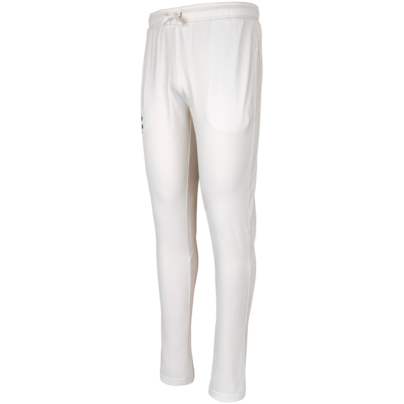 The Gray Nicolls Pro Performance Cricket Trousers feature a slim fit, elastic waistband with drawstring, minimal detailing, and advanced moisture management for comfort. Shown in white.