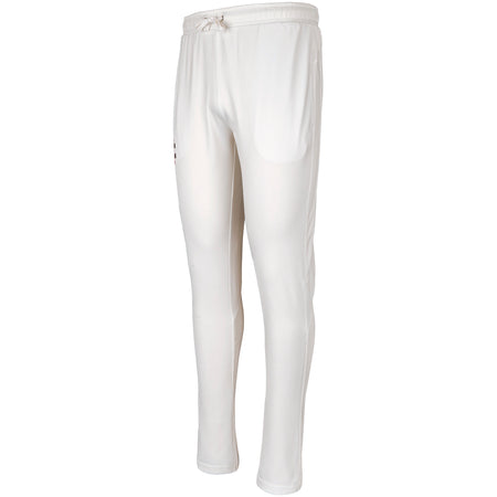 The Gray Nicolls Pro Performance Cricket Trousers feature a slim fit, elastic waistband with drawstring, minimal detailing, and advanced moisture management for comfort. Shown in white.