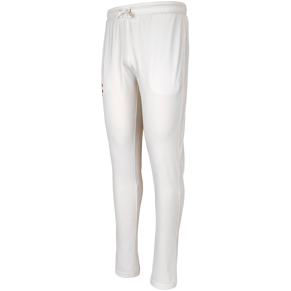 The Gray Nicolls Pro Performance Cricket Trousers feature a slim fit, elastic waistband with drawstring, minimal detailing, and advanced moisture management for comfort. Shown in white.