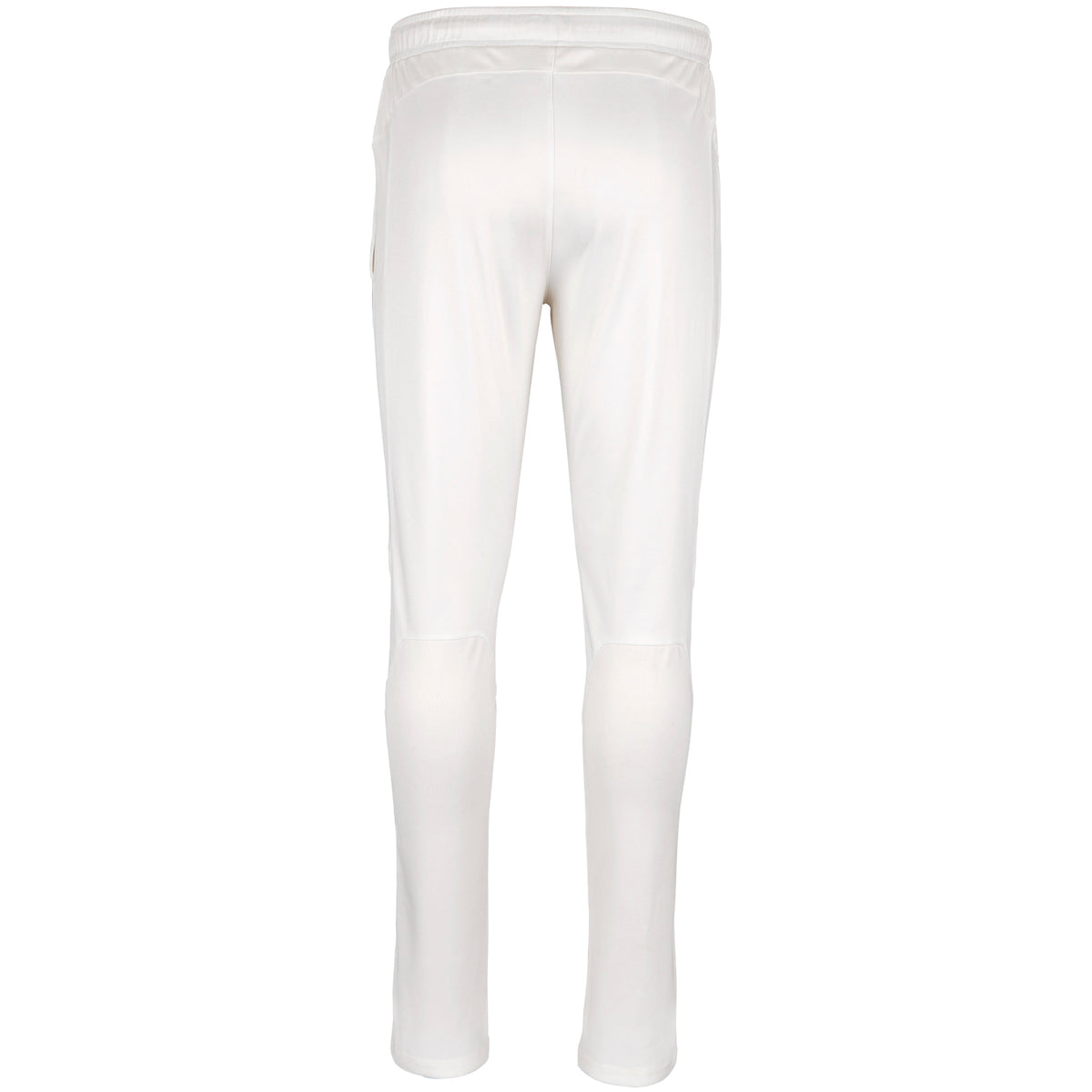 Back view of Gray Nicolls Pro Performance Cricket Trousers in white, with an elastic waistband and fitted legs for comfort and moisture management, displayed against a plain white background.