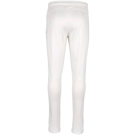 Back view of Gray Nicolls Pro Performance Cricket Trousers in white, with an elastic waistband and fitted legs for comfort and moisture management, displayed against a plain white background.