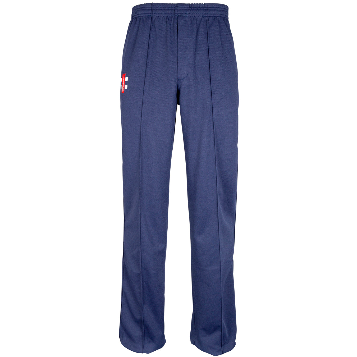 The Gray Nicolls Monmouth CC Matrix V2 T20 Trouser is a navy blue cricket pant with an elastic waistband, small red and white logo on the upper right thigh, straight leg design, and no pockets or drawstrings.