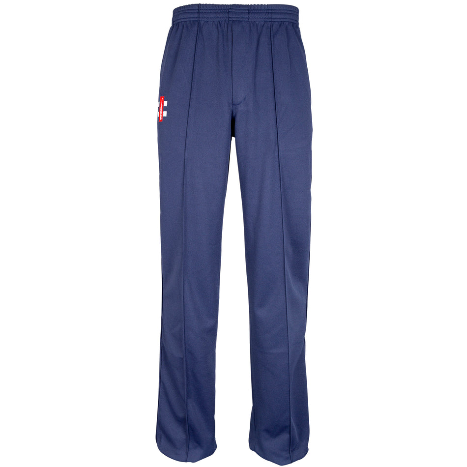 The Gray Nicolls Monmouth CC Matrix V2 T20 Trouser is a navy blue cricket pant with an elastic waistband, small red and white logo on the upper right thigh, straight leg design, and no pockets or drawstrings.