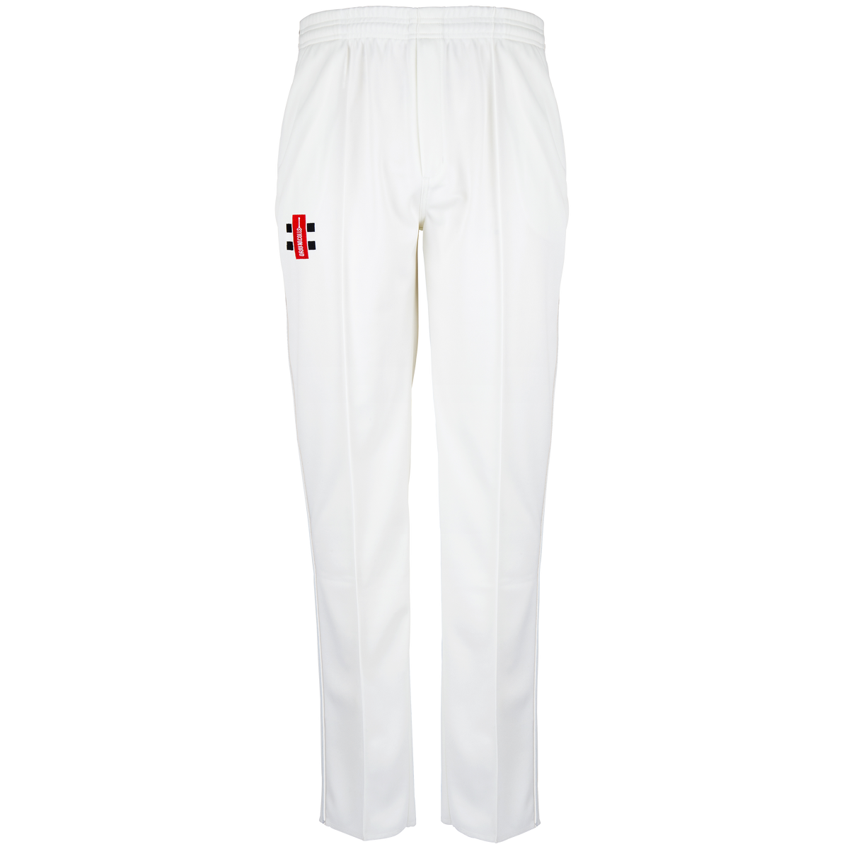 Gray Nicolls Stanway CC Matrix V2 Cricket Trousers in white, featuring an elastic waistband and a small club logo on the left thigh, shown against a plain white background.