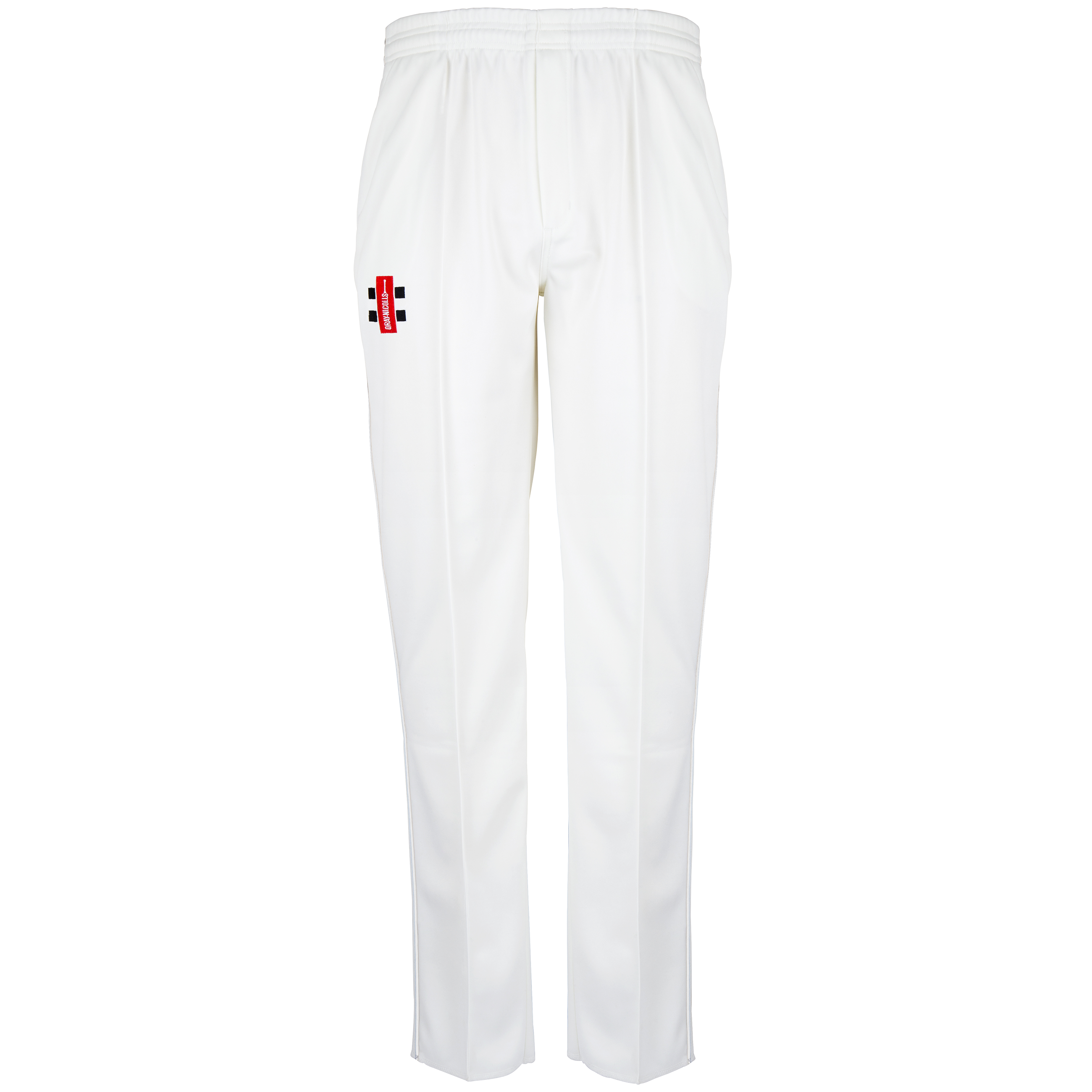 Gray Nicolls Stanway CC Matrix V2 Cricket Trousers in white, featuring an elastic waistband and a small club logo on the left thigh, shown against a plain white background.