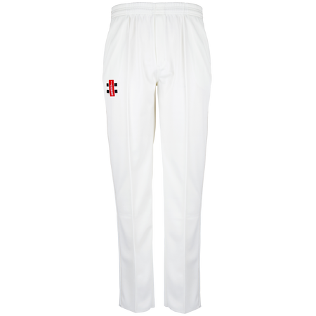 Gray Nicolls Stanway CC Matrix V2 Cricket Trousers in white, featuring an elastic waistband and a small club logo on the left thigh, shown against a plain white background.