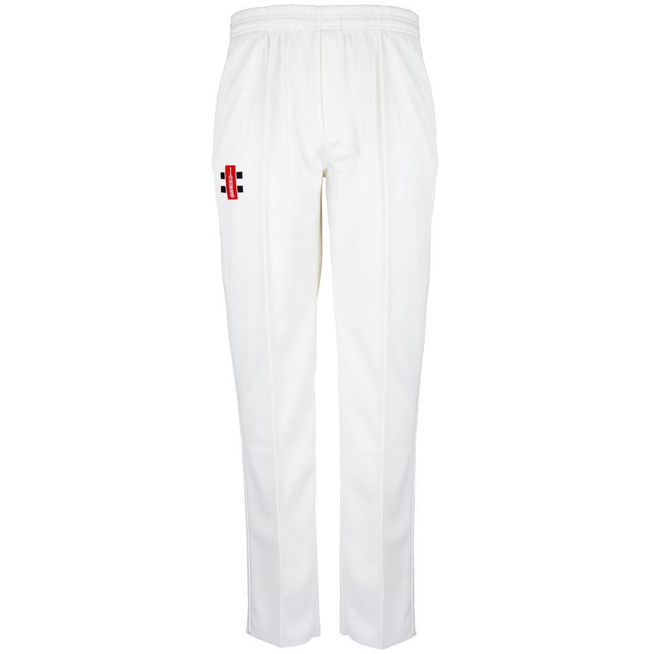 Gray Nicolls Stanway CC Matrix V2 Cricket Trousers in white, featuring an elastic waistband and a small club logo on the left thigh, shown against a plain white background.