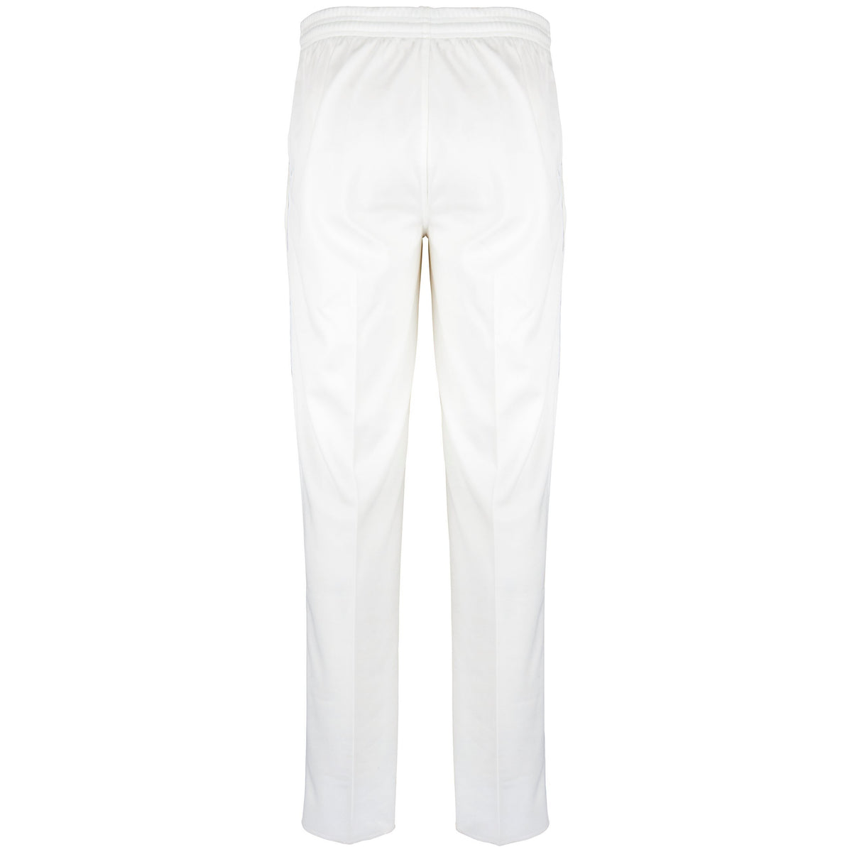Back view of Gray Nicolls National Star College CC Matrix V2 Cricket Trousers in white, showing an elastic waistband and straight, subtly tapered legs, displayed on a plain white background.