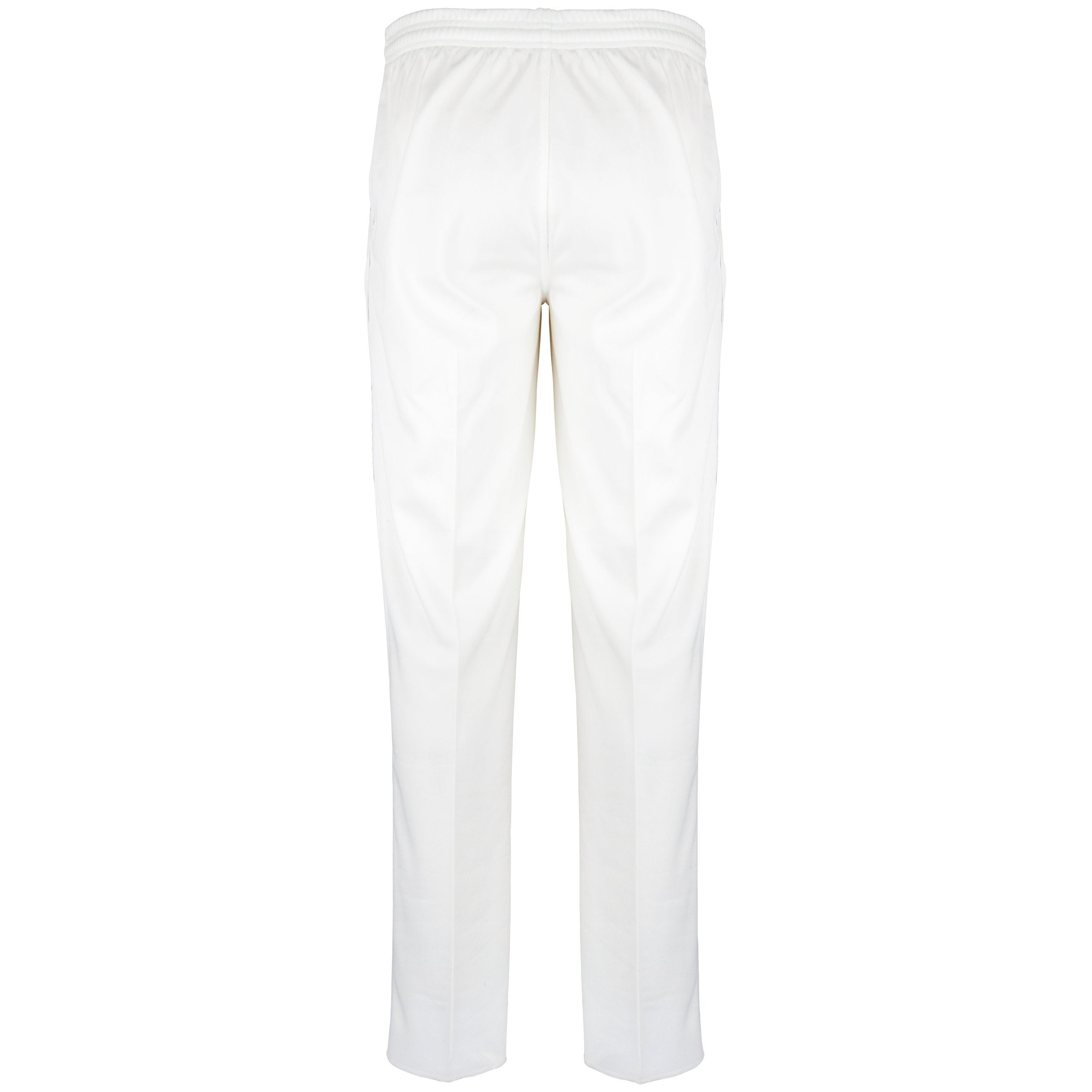Back view of Gray Nicolls National Star College CC Matrix V2 Cricket Trousers in white, showing an elastic waistband and straight, subtly tapered legs, displayed on a plain white background.