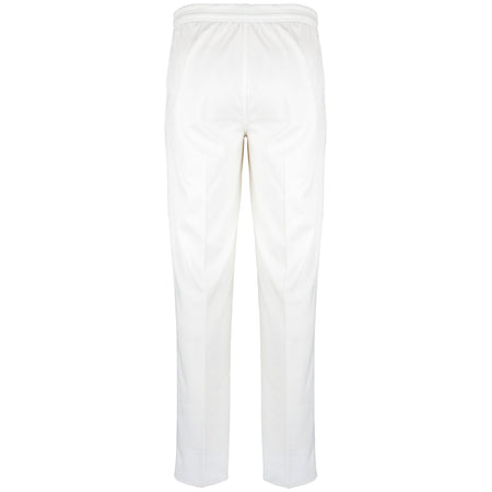 Back view of Gray Nicolls National Star College CC Matrix V2 Cricket Trousers in white, showing an elastic waistband and straight, subtly tapered legs, displayed on a plain white background.