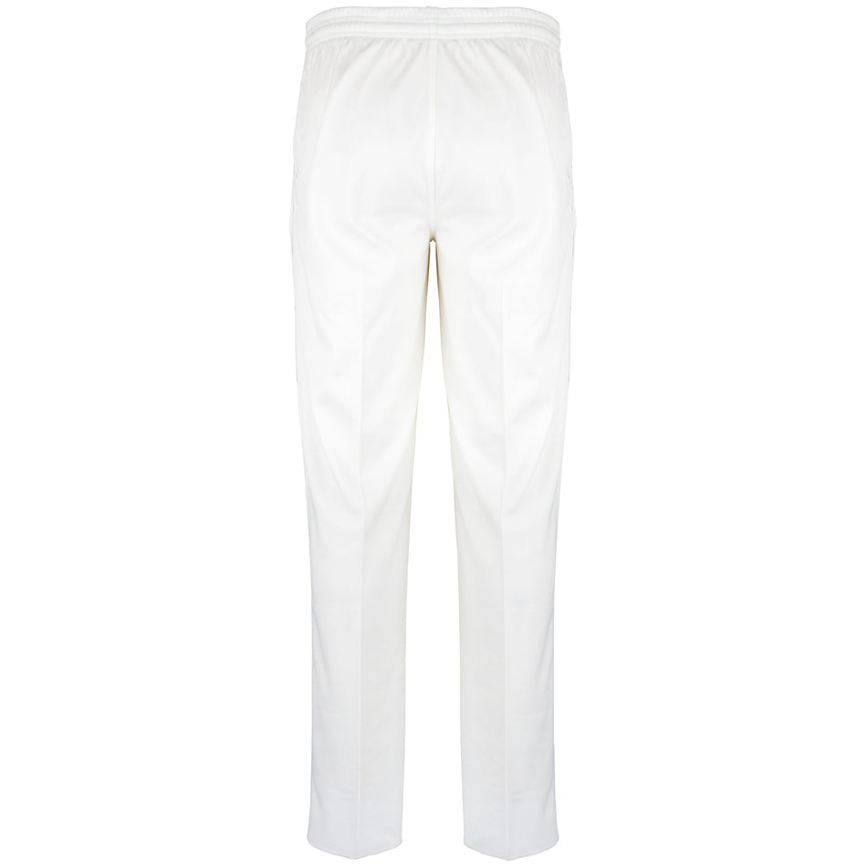 Back view of Gray Nicolls National Star College CC Matrix V2 Cricket Trousers in white, showing an elastic waistband and straight, subtly tapered legs, displayed on a plain white background.