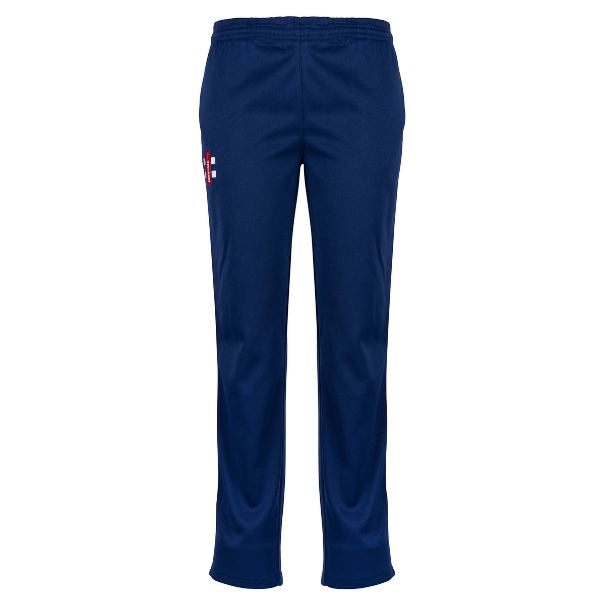 The Monmouth CC Matrix V2 Ladies Match Cricket Trousers by Gray Nicolls feature a navy blue design, elastic waistband, and a small white and red logo on the upper left thigh, shown from the back against a plain white background.