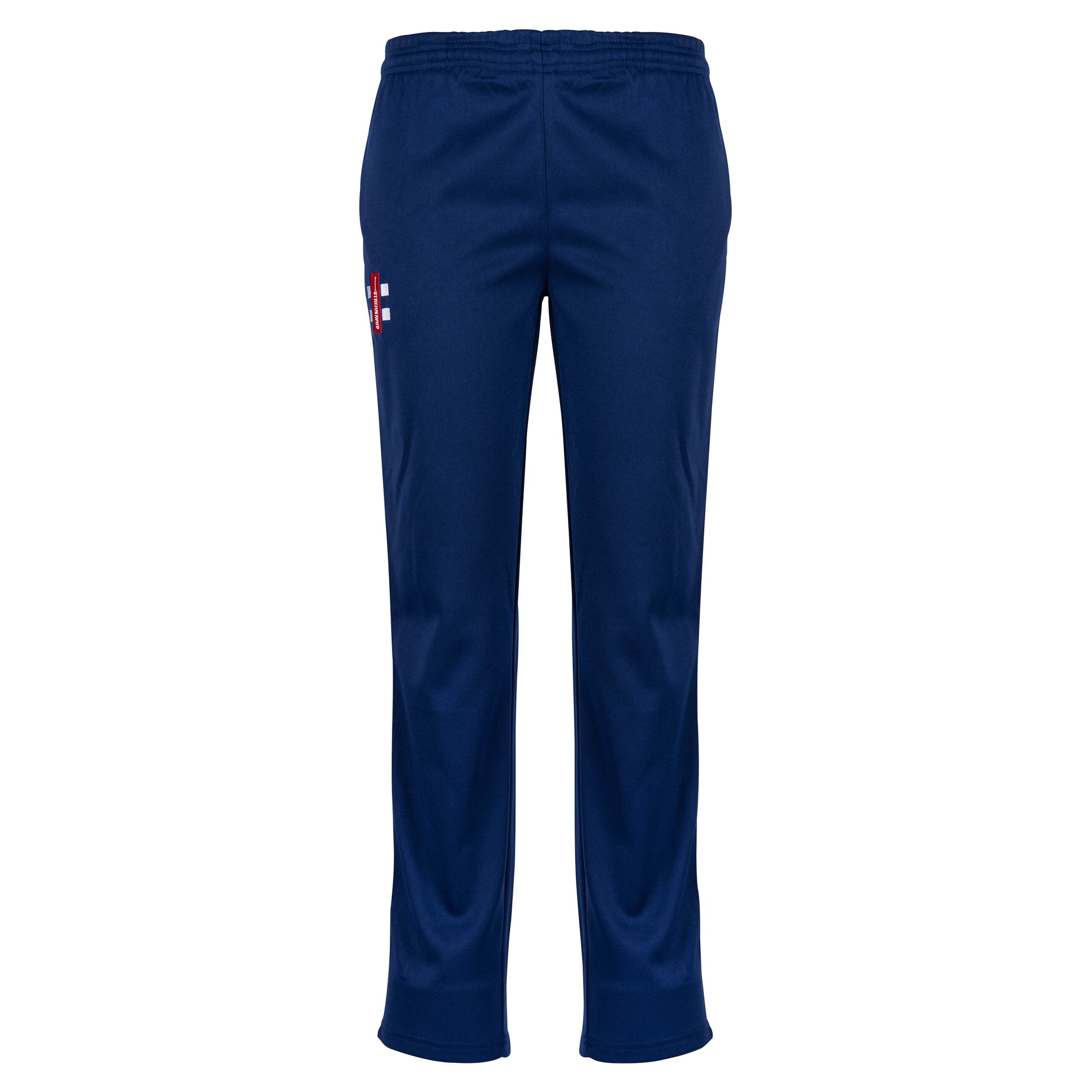 The Monmouth CC Matrix V2 Ladies Match Cricket Trousers by Gray Nicolls feature a navy blue design, elastic waistband, and a small white and red logo on the upper left thigh, shown from the back against a plain white background.