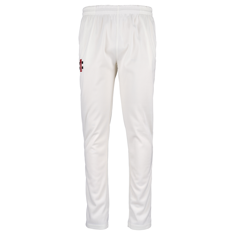 Gray Nicolls Matrix V2 Slim Fit Trousers by Gray Nicolls feature an elastic waistband, side pockets, a small red and black logo on the upper left thigh, and an ergonomic slim fit design, displayed on a plain white background.