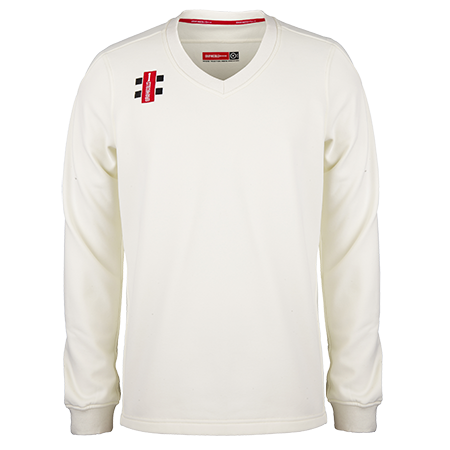 The Gray Nicolls Woolhope CC Pro Performance Senior Sweater is a long-sleeved, off-white V-neck with subtle black and red logos on the upper chest, shown against a plain white background.
