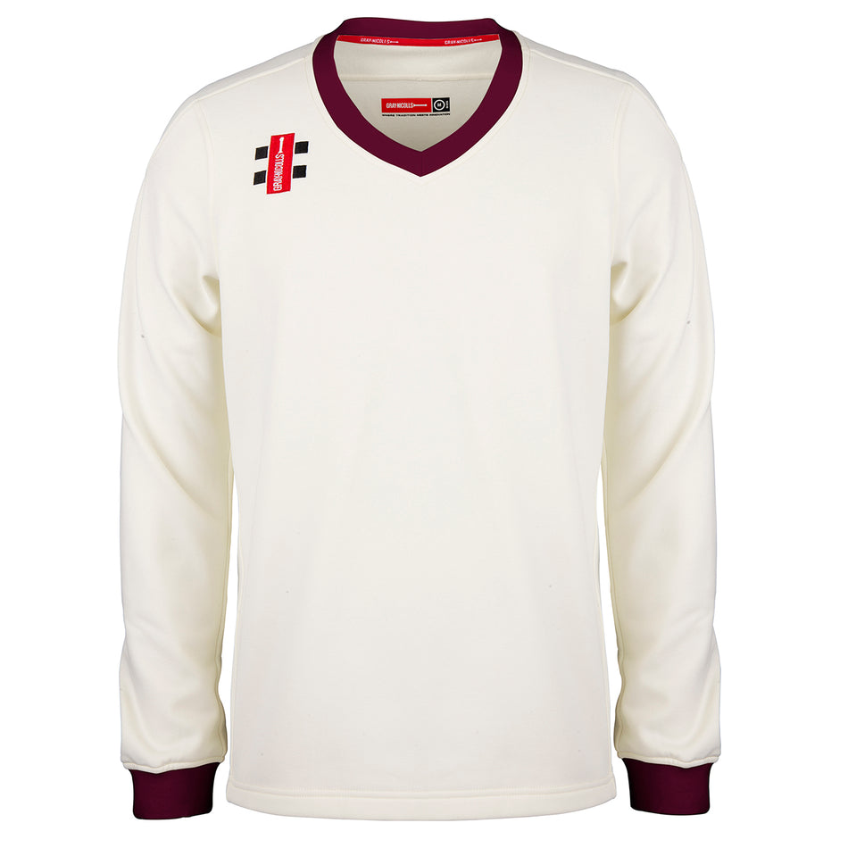 The Gray Nicolls Penallt & Redbrook CC Pro Performance Sweater is a cream long-sleeve cricket sweater with burgundy V-neck collar and cuffs, featuring small red and black club logos on the chest and neckline.