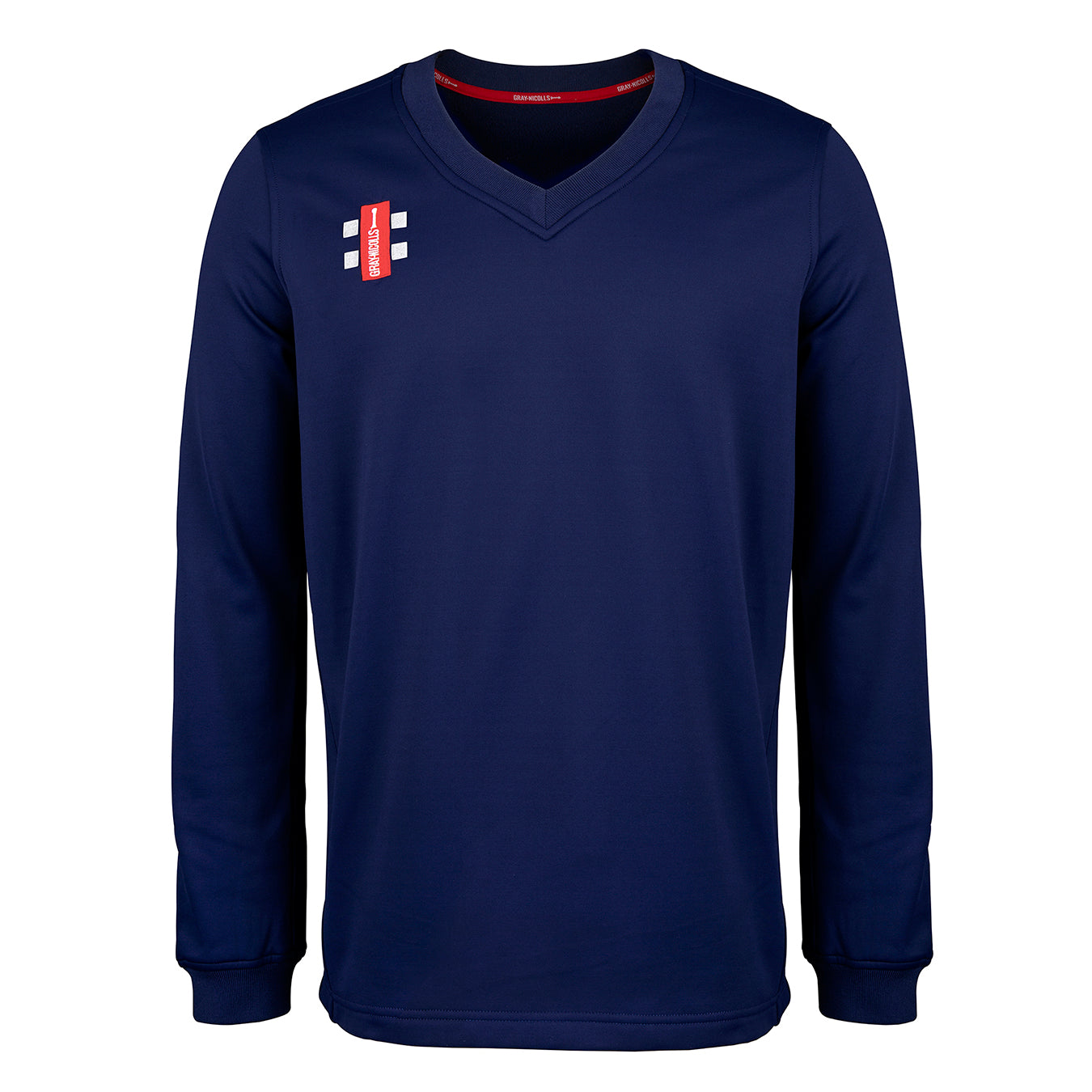 The Monmouth CC Pro Performance Sweater by Gray Nicolls features long sleeves, a V-neck collar, and a small red and white logo on the upper left chest, shown against a plain white background.