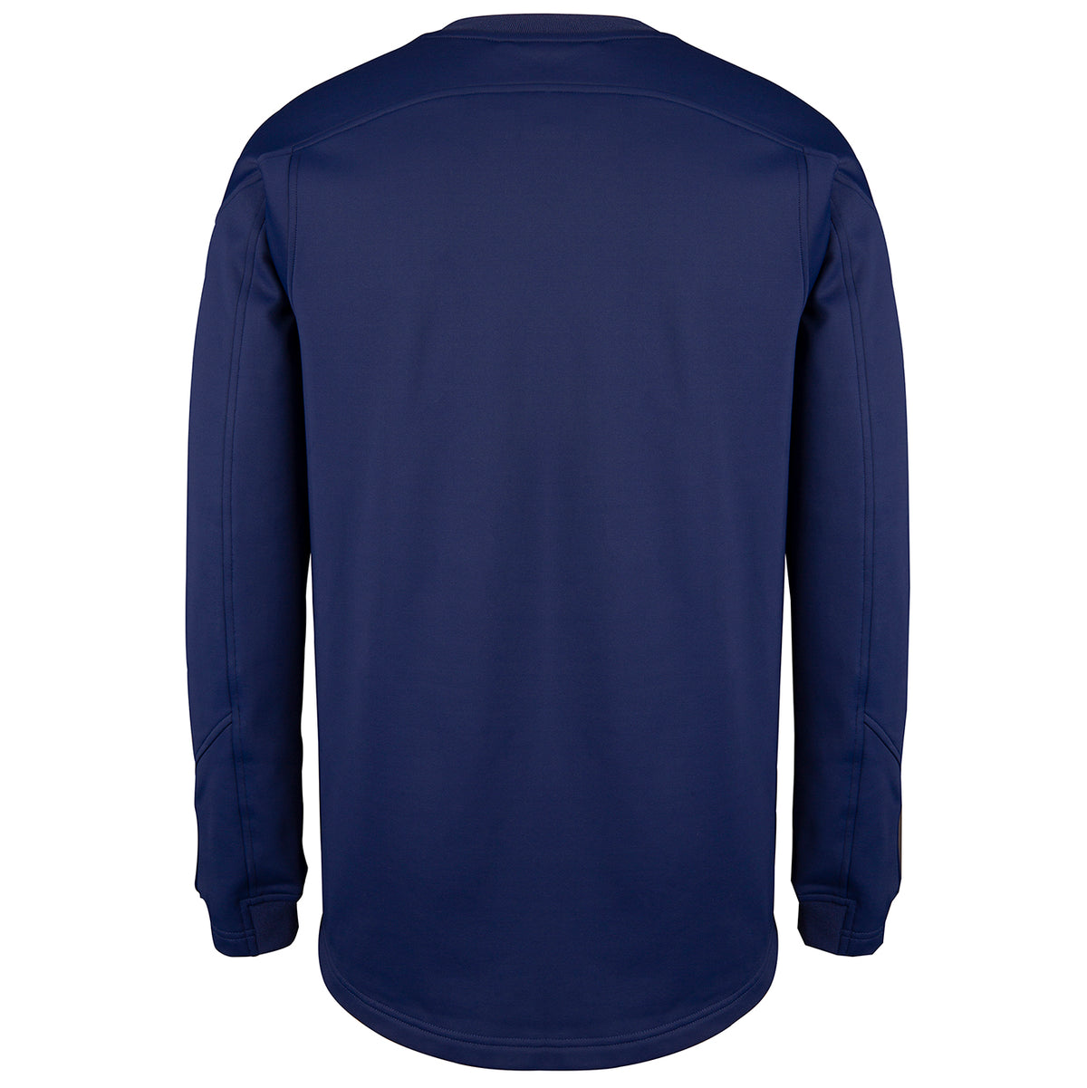 The back of the Gray Nicolls Monmouth CC Pro Performance Sweater is shown—navy blue, long-sleeved, with a crew neck and classic cricket style reminiscent of traditional match sweaters.