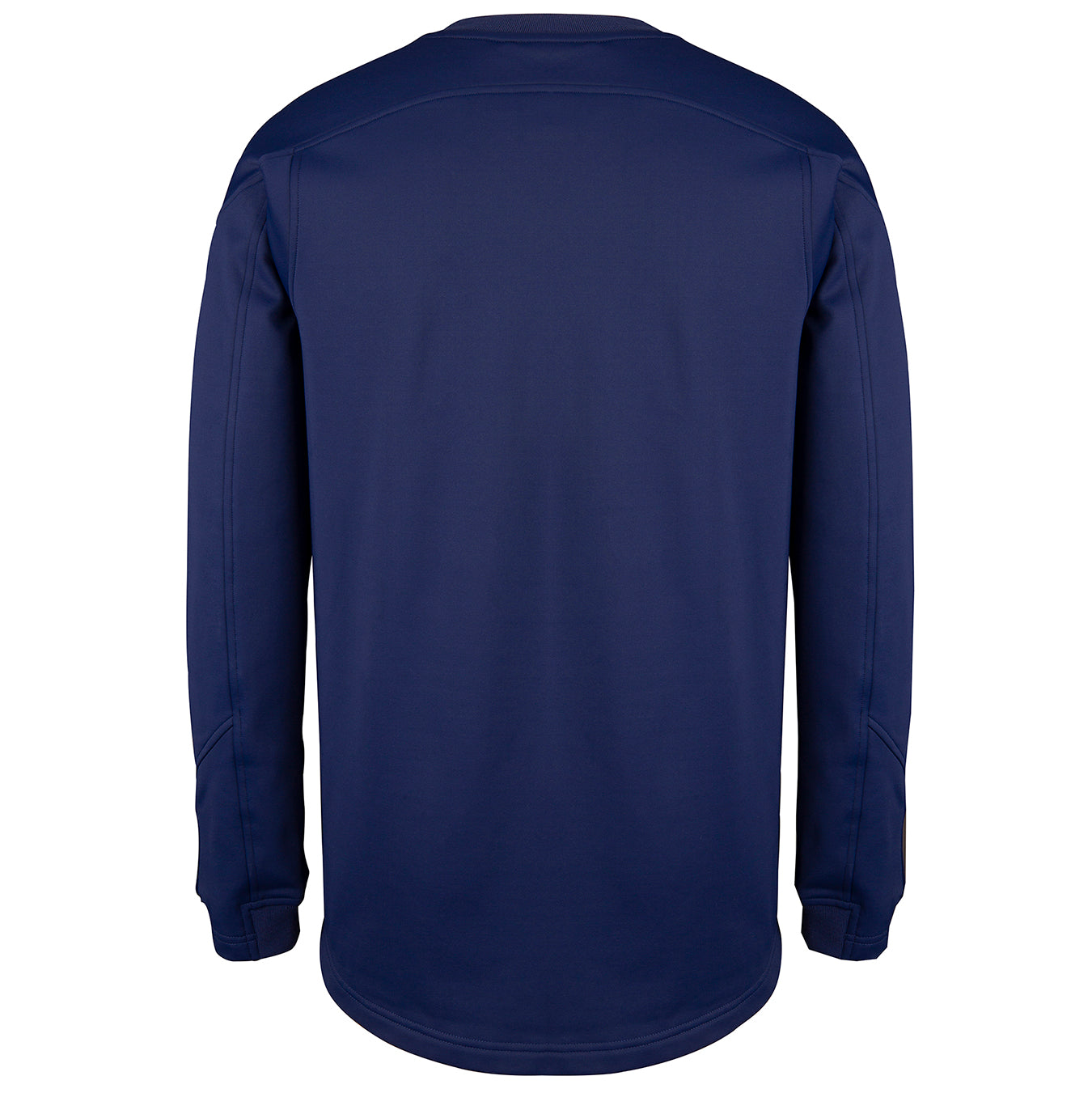 The back of the Gray Nicolls Monmouth CC Pro Performance Sweater is shown—navy blue, long-sleeved, with a crew neck and classic cricket style reminiscent of traditional match sweaters.