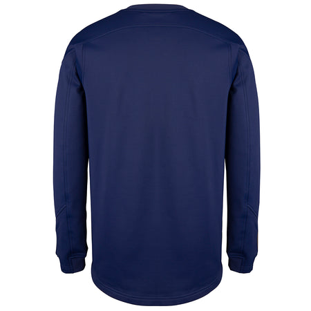 The back of the Gray Nicolls Monmouth CC Pro Performance Sweater is shown—navy blue, long-sleeved, with a crew neck and classic cricket style reminiscent of traditional match sweaters.