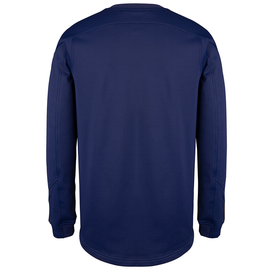 The back of the Gray Nicolls Monmouth CC Pro Performance Sweater is shown—navy blue, long-sleeved, with a crew neck and classic cricket style reminiscent of traditional match sweaters.