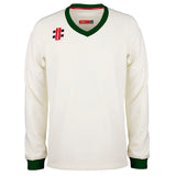 The Gray Nicolls Pro Performance Senior Sweater is a long-sleeved, bottle-colored sweater featuring the brand's logo on the chest and dark green collar and cuffs.